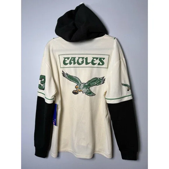 NWT NFL Philadelphia Eagles Hooded Baseball Jersey Cream Black Men's Medium $85 - Picture 2 of 14